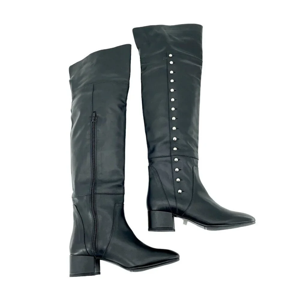 Charles David Boots Black Leather Over-The-Knee Studded Military SZ 6.5 NEW